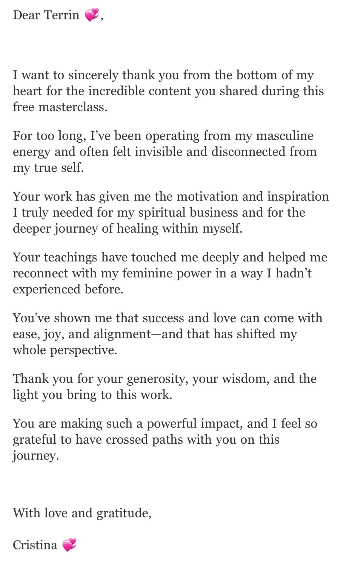 Letter from Cristina after the masterclass
